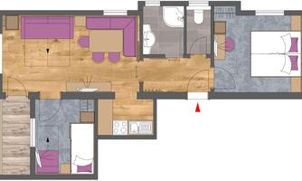 An apartment floor plan with two bedrooms, a living room, a bathroom, and a kitchen. The rooms are well arranged and offer ample space.