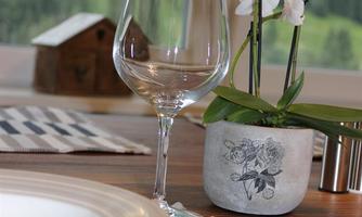 A set table with a wine glass, a plate, and cutlery. In the background, there are orchids in a pot and a small wooden house.