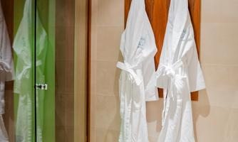 A modern bathroom with two white bathrobes hanging on a wooden panel. The glass door and the understated design create a relaxing atmosphere.