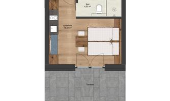 A floor plan of an apartment with one bedroom, one bathroom, and a living area. The rooms are designed in a modern way and well arranged.