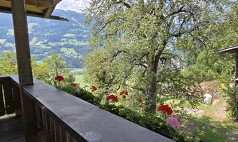 A picturesque view from a balcony overlooking green hills and trees. Colorful flowers adorn the railing, creating an inviting atmosphere.