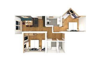 A modern apartment in the floor plan with several rooms. The floor is made of wood, and there is an open kitchen as well as a bathroom.
