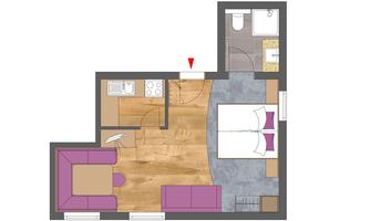 A living space layout with kitchen, bathroom, and bedroom.
