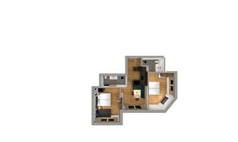 A modern apartment floor plan with multiple rooms. The rooms are bright and well arranged.