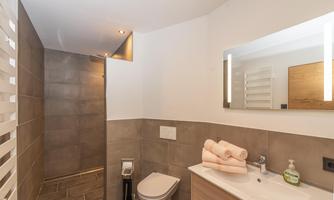 A modern bathroom with a shower and an elegant sink setup. Clean towels and hygiene products are well placed.