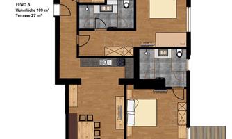 An overview of an apartment with various rooms and a terrace. The area is 109 m² and the terrace is 27 m².
