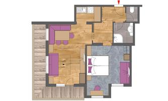 A floor plan of an apartment. One bedroom, one living room, kitchen, and bathroom.