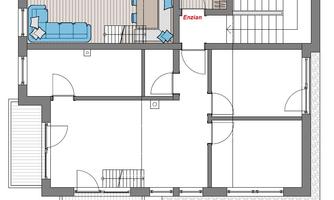 A floor plan of a house with several rooms and a balcony. The rooms are clearly structured and provide space for a living and dining area as well as three bedrooms.