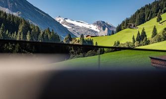 A picturesque alpine landscape with green meadows and forested hills. In the background, snow-capped mountains and a clear blue sky can be seen.