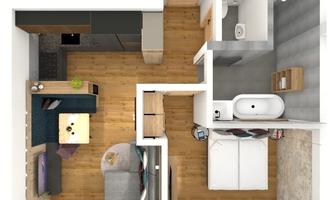 A modern apartment with an open kitchen-living room, a cozy living room, and a bedroom. The bathroom is bright and functionally designed.