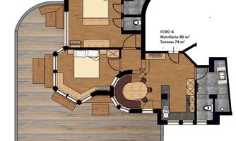 An apartment with two bedrooms, an open living area, and a kitchen. The terrace is generously designed and offers plenty of space.