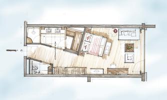 A floor plan of a modern house with one bedroom, one bathroom, and an open living area. The drawing shows the arrangement of furniture and rooms.