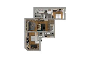 A modern apartment with several rooms. The layout shows a living room, bedroom, and a bathroom.