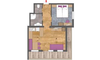 A floor plan of a modern apartment with one bedroom, a living room, bathroom and a kitchen. The rooms are clearly structured and well arranged.
