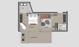 A clear floor plan drawing of an apartment with bedroom, living room, and balcony. The representation also shows the bathroom and toilet.