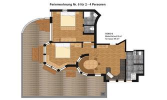A floor plan drawing of a holiday apartment for 2 to 4 people. The apartment includes a bedroom, living area, and a terrace.