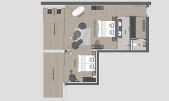 A detailed floor plan of a modern apartment. The layout includes two bedrooms, a living area, and a kitchen.