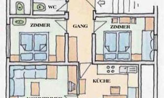 A floor plan of an apartment with different rooms. Visible are a bathroom, a toilet, two bedrooms, a living room, and a kitchen.