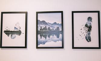 Three framed pictures on the wall. The landscape depictions show mountains, water, and a feather-shaped tree with birds.