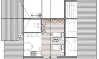 An architect's drawing of a house with various rooms and a central area. The representation shows the arrangement of the rooms and windows.