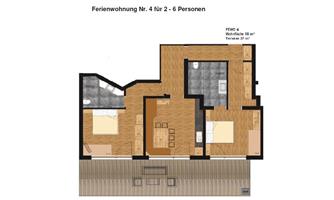 A floor plan of a holiday apartment for 2 to 6 people. The apartment includes two bedrooms, a living room, and a kitchen.