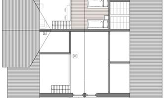 A floor plan of a house with several rooms and a gallery. The representation shows the arrangement of bedrooms, a living room, and stairs.