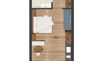 A floor plan of an apartment with a sleeping area, a bathroom, and a kitchen-living room. The atmosphere is designed to be modern and functional.