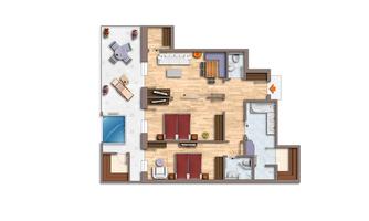 A schematic representation of an apartment with several rooms. The floor plan shows living and sleeping areas, as well as a small kitchen and a bathroom.