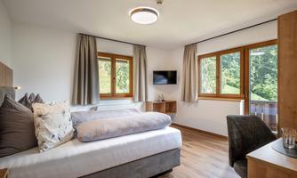 A modern room with a double bed and large windows. The decor is cozy and bright, with a television and a desk.