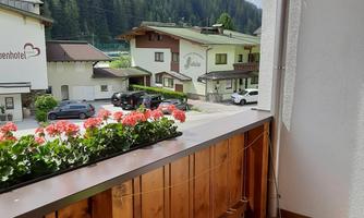 A balcony with wooden cladding and blooming red flowers. In the background, green mountains and some buildings can be seen.
