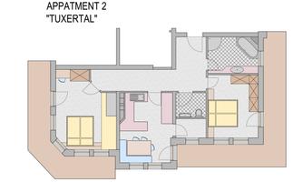 A floor plan drawing of the apartment "Tuxertal". It shows two bedrooms, a living room, a kitchen, and a bathroom.