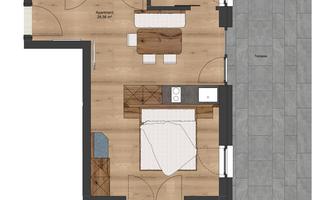 A floor plan of an apartment with two bedrooms, a living room, and two bathrooms. The flooring is in wood look and the rooms are clearly defined.