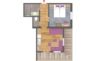An apartment floor plan with different areas such as bedroom, living area, and kitchen. The rooms are designed modernly and are well arranged.