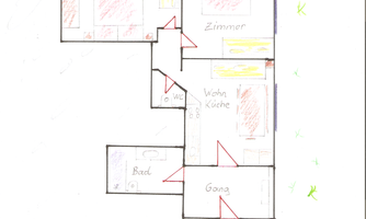 A simple sketch of a floor plan with several rooms, an open living kitchen, and a bathroom. The rooms are color-coded and connected by arrows.