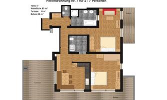 An overview of the floor plan of holiday apartment No. 7 for 2 to 7 people. The apartment has one bedroom, one bathroom, and a terrace.