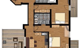 An apartment with two bedrooms, a bathroom, and an open living kitchen. There is a balcony and a terrace that provide additional outdoor space.