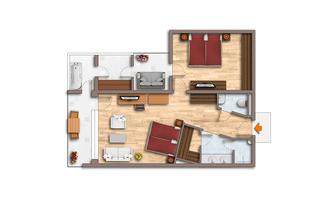 An apartment with two bedrooms and an open living area. The furnishings include furniture and a dining area.
