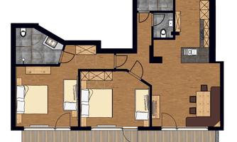 A floor plan of an apartment with two bedrooms, a living area, and a terrace. The total area is 83 m² and the terrace is 36 m² large.