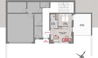 A floor plan of a house with several rooms. The rooms are labeled, including a living room, a kitchen, and a bathroom.