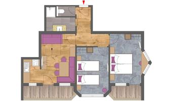 Floor plan drawing of an apartment with two bedrooms, a living room, and a kitchen. The rooms are clearly structured and well arranged.