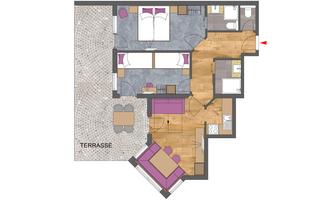 An apartment floor plan with two bedrooms, a living room, and a terrace. The rooms are designed in a modern and cozy way.