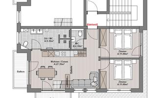The image shows a floor plan of a house with various rooms, including a living room, kitchen, and bedrooms. The areas are clearly arranged, with access to balconies and a bathroom.