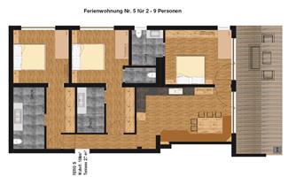 A floor plan drawing of a holiday apartment for 2 to 9 people. The apartment includes several bedrooms, bathrooms, and a living area.