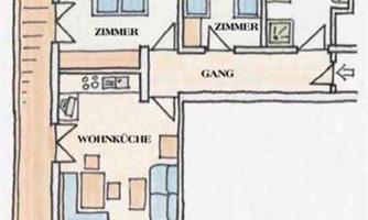 An apartment with two bedrooms, a bathroom, and a living kitchen. The floor plan shows the flow of the rooms.
