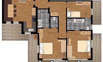 A clear floor plan drawing of a vacation apartment with two bedrooms, a bathroom, and an open living kitchen. The balcony has an area of 48.8 m².