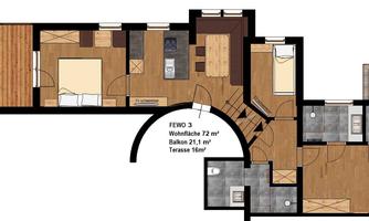A floor plan of an apartment with multiple rooms and an open living area. The area also includes a kitchen and dining space.