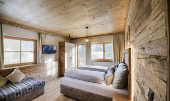 A modern room with wooden walls and two beds. Large windows provide plenty of daylight and a beautiful view.