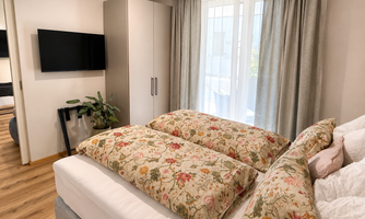 A modern bedroom with a cozy bed and soft pillows.  
Large windows provide plenty of daylight and a pleasant atmosphere.  
A TV is mounted on the wall.