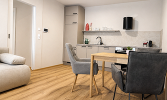 A modern and bright room with a kitchenette. A table with chairs and a cozy sofa create an inviting atmosphere.