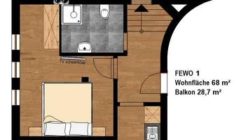 A floor plan of a vacation apartment with a living area of 68 m² and a balcony of 28.7 m². The plan shows several rooms, including a bedroom, bathroom, and living room.